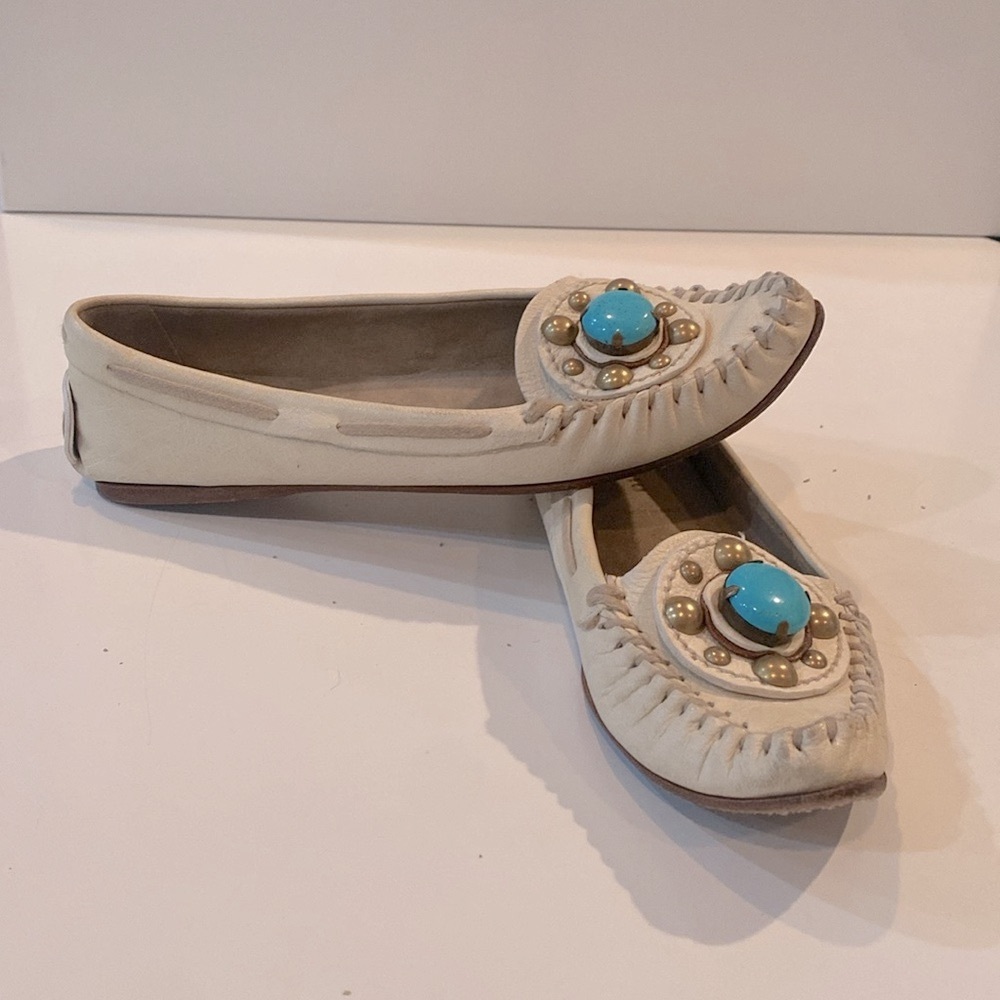 Miu Miu, Prada Gorgeous Torquoise Bufalo Stone ivory leather moccasins SZ 37.5